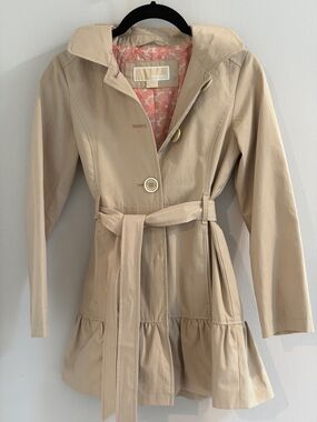 Michael Kors Trench Coat Size 10/12 Beige Belted Pink Floral Lined Jacket